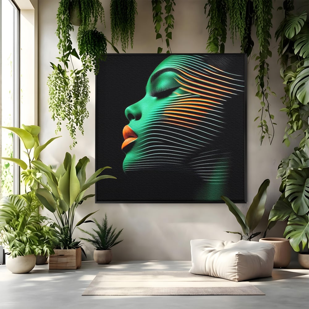 Tablou canvas cu tablou canvas portret de femeie in profil cu raze verzi, in rama de aluminiu negru